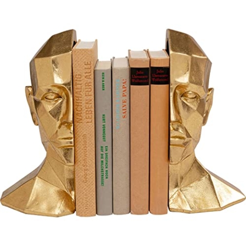 Kare Design Buchstütze Face, 2er Set, Gold, Zweiteiliger Bücherhalter, Buchstopper für Bücherregal, Accessoire, 24x16x11,5cm