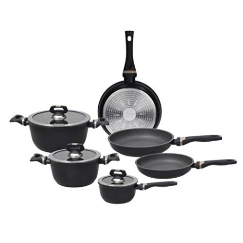 Tognana Italika Premium Antihaft-Kochgeschirr-Set mit 3 Pfannen, 3 Kochtöpfen, 3 Glasdeckeln, 9-teilig, Aluminium, schwarz