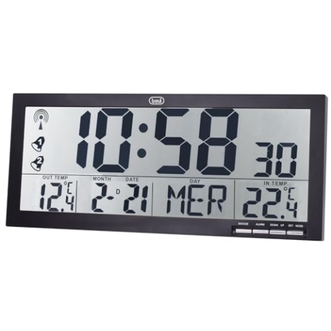 Trevi OM 3530 RC Funk-Wanduhr mit großem Display und kabellosem Außensensor, Thermometer und mehrsprachigem Kalender