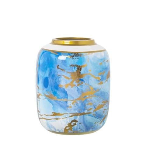 Alexandra House Living Vase, Blau, Weiß, Gold, Keramik, 18 x 18 x 23 cm