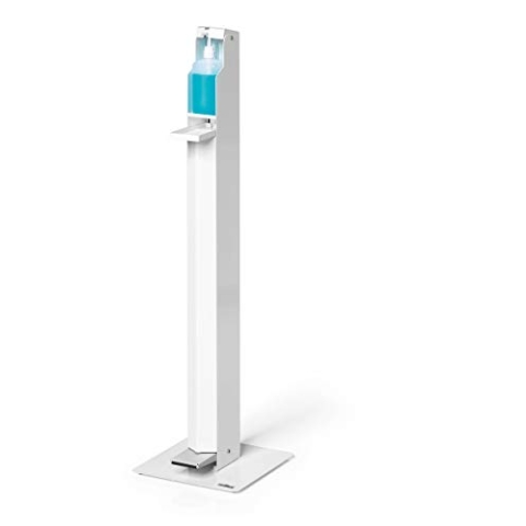 Durable Desinfektionsspender Bodenständer mit Fußpedal, inkl. Tropfschale, flexible Anpassung an Flaschengrößen bis 500 ml, weiß, 589502