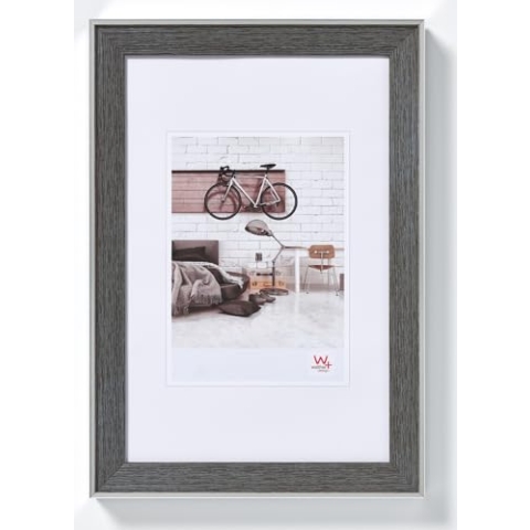 walther design Bilderrahmen grau 50 x 70 cm mit silberne Außenkante, Bohemian Designrahmen EN070D