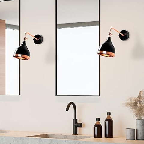 Opviq Modern Wall Lamp, Black & Copper, 14 x 32 x 26 cm | Metal Body, E27 Socket, IP20 | Stylish Lighting for Glam & Scandinavian Decor
