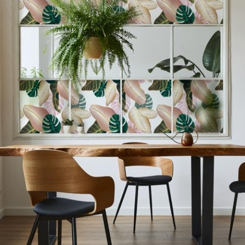 Ambiance Sticker Selbstklebende Sichtschutzfolie für Fenster, Blickdicht, Tropische Blätter, selbstklebend, Sichtschutz für Fenster & Duschtür, XL – H 40 x L 200 cm