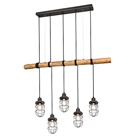 Trio Leuchten Pendelleuchte Forester 308100567, Metall Nickel antik, Holz, Stoffkabel Schwarz, exkl. 5x E27