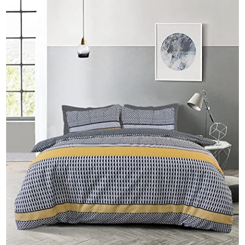Sleepdown Stripe Geo Abstrakte Mono-Schwarz-Grau-Ocker-Wende-Bettwäsche-Set, weich, pflegeleicht – Doppelbett (200 x 200 cm)