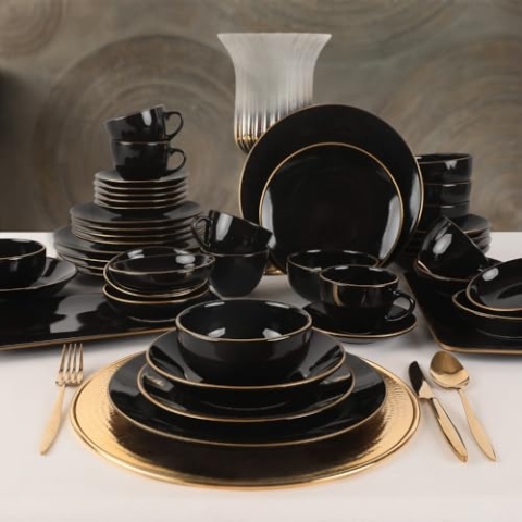 Elegant 44-Piece Ceramic Dinner Set, Black Stoneware | Antibacterial, Eco-Friendly, Easy Clean | Dishwasher & Microwave Safe | Perfect for Modern Dining