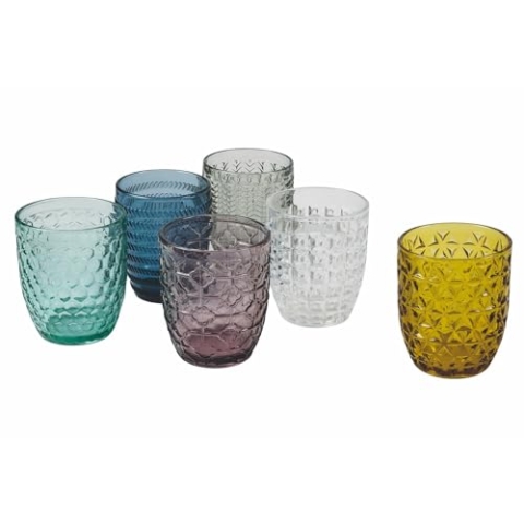 Villa d'Este Home Tivoli Geometrie Set Wassergläser aus farbigem Glas mit geprägter Verarbeitung, 240 ml, 6 Stück, Mehrfarbig