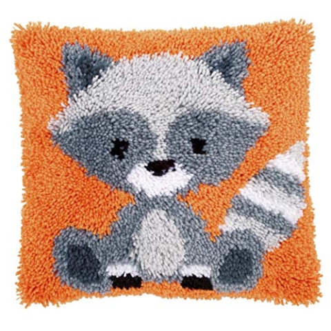 Vervaco Knüpfkissen Waschbär Knüpfpackung zum Selbstknüpfen eines Kissens, Stramin, weiß, 40 x 40 x 0,3 cm