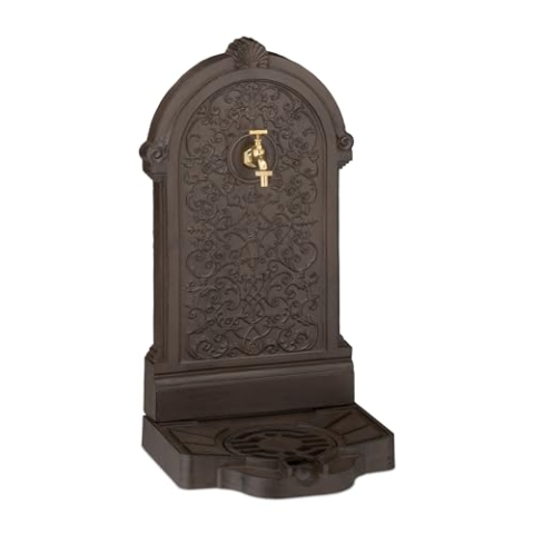 Relaxdays Standbrunnen, Antik-Stil, HBT: 73x39x32 cm, Nostalgie, Garten, Terrasse, Wasserhahn, Becken, stehend, braun