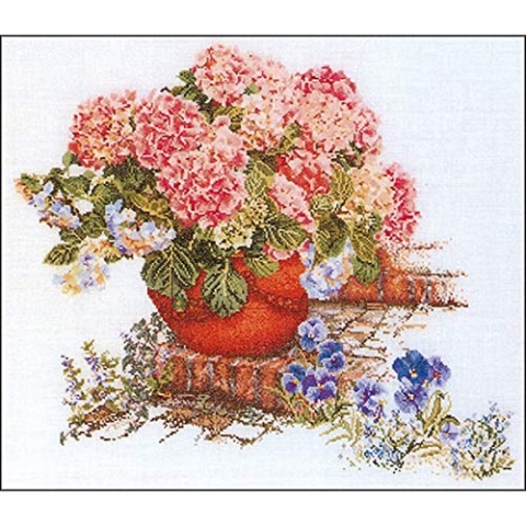Thea GOUVERNEUR SINCE 1959 TG2078A Kreuzstich-Set, Stoff, Hortensien und Stiefmütterchen auf Aida, 16 Stück, 45x50cm