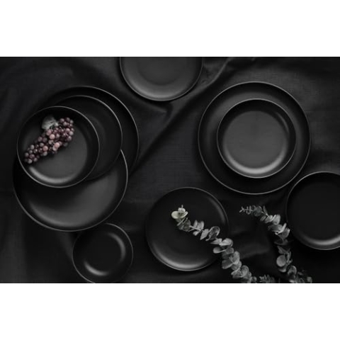 Elegant 16-Piece Dinner Set, Matte Black, 100% Porcelain | Includes Service Plates, Deep Plates, Cake Plates & Bowls | Dishwasher & Microwave Safe