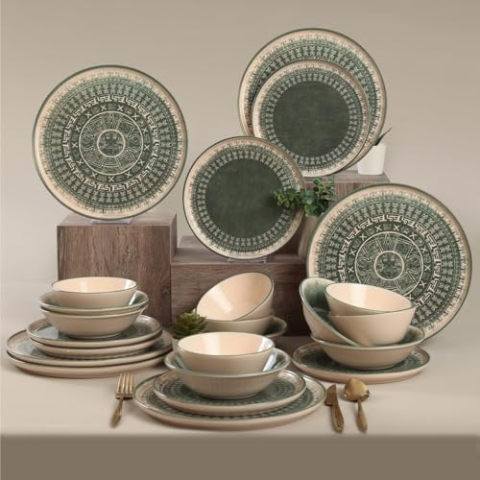 Elegant 24-Piece Ceramic Dinner Set, Green & Cream | 100% Stoneware, Antibacterial, Easy Clean, Thermal Shock Resistant | Dishwasher & Microwave Safe