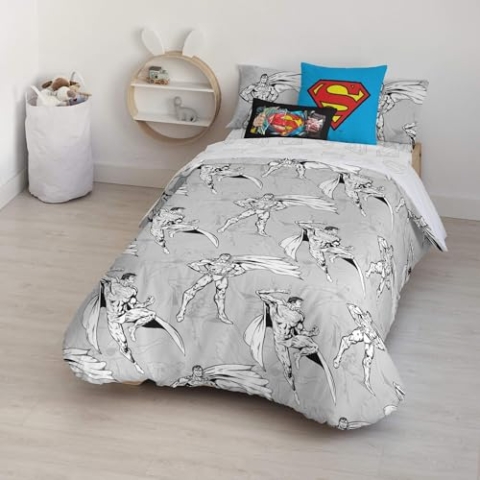 BELUM | Bettbezug Superman | Bettbezug Modell Superman Grey | Bettbezug mit Knöpfen | Bettbezug 100% Baumwolle | Bettbezug (Bett von 90 cm (155 x 220 cm))