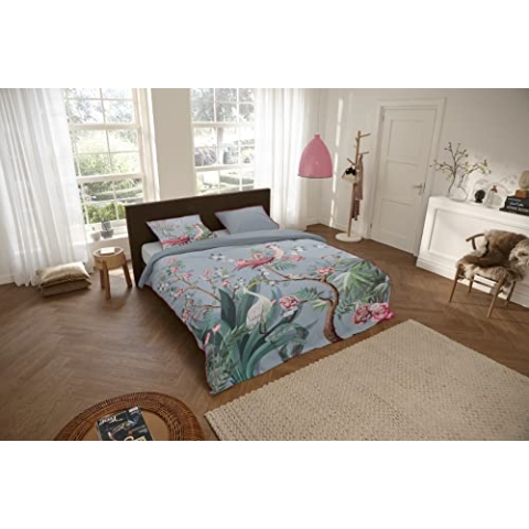 Descanso Sarenza Organic Cotton Satin Bed Linen, Grey, 135 x 200 cm + 1-80 x 80 cm, Pattern: Flowers and Leaves
