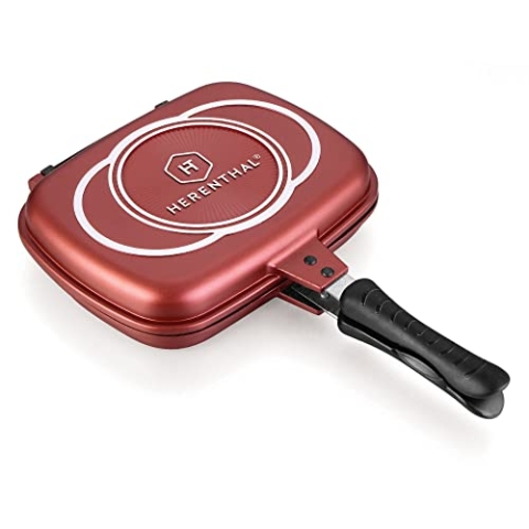 ROYALTY LINE, Doppelte Grillpfanne, Ohne PFAS und PFOA, Nicht induktionsgeeignet, Reduziert unangenehme Gerüche, Rauch und Ölspritzer, Aus Aluminium mit Marmorbeschichtung, 34 cm, Rot