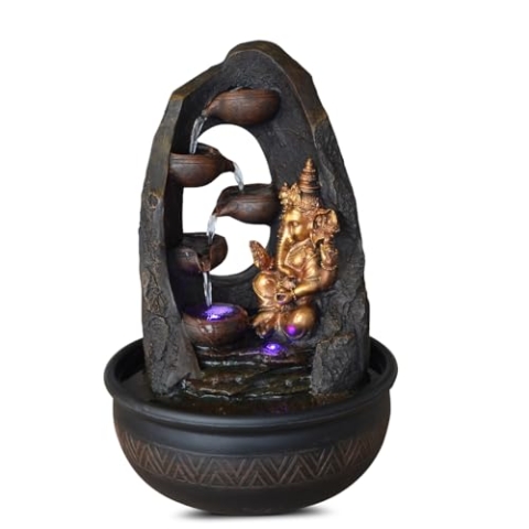Zen Light Buddha Ganesh Innenbrunnen mit farbenfrohen LED-Licht-Feng Shui Zen Dekoration-Brunnen des Büros Salon Schlafzimmer-Bed-Träger-H 40 cm-Mystic Zen'light, Harz, Schwarz + Gold, Large
