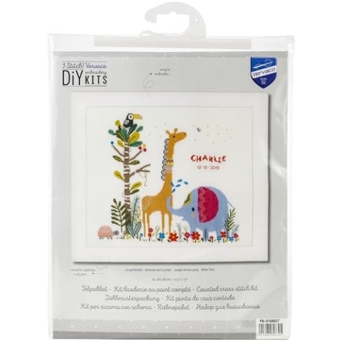 Vervaco Gezählter Kreuzstich Stickpackungen Stickset Baby Geburt Wilde Tiere Wanddekoration Handarbeit Set für Erwachsene Kreatives Handwerk ca. 33 x 30 cm Geburt Geschenk Hausdeko