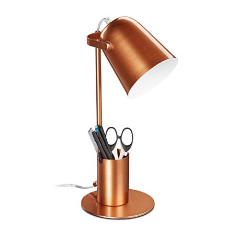 Relaxdays Schreibtischlampe mit Stifthalter, Bürolampe Schreibtisch, E27, moderne Tischlampe, 40 x 15 x 20 cm, kupfer
