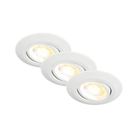 BRILONER - 3er Set LED Einbaustrahler 230V Gehäuse 50% recycelt, Schwenkbar, Ra90, Farbtemperaturwechsel, LED Spot, flach, Deckenspots, Einbauleuchten, 68mm Lochmass, 90x24mm (DxH), Weiß