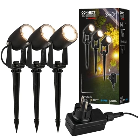 BRILONER - Connect to Shine 12V Gartensystem 3er Set LED Strahler mit Erdspieß, Basisset mit Trafo, IP65, warmweißes Licht, Gartenbeleuchtung, LED Gartenstrahler, 25,5x4 cm, Schwarz