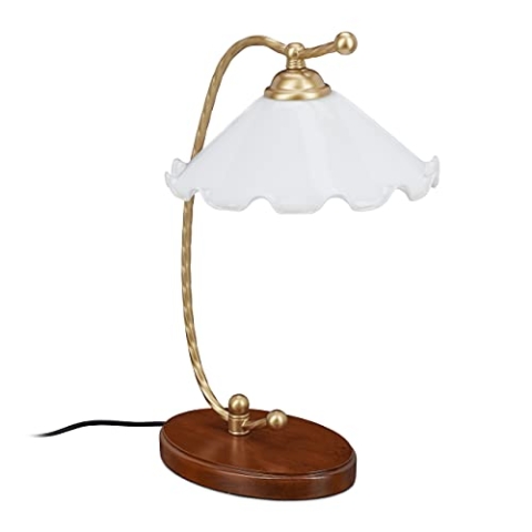 Relaxdays Tischlampe im Jugendstil Design, E27-Fassung, Holzfuß, Glasschirm, HBT: 43x30x25 cm, Nachttischlampe, weiß
