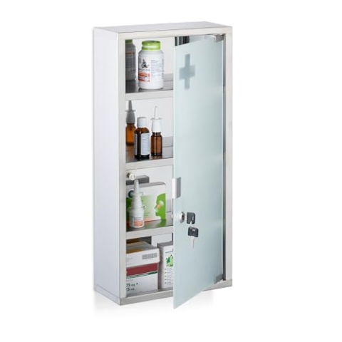 Relaxdays Medizinschrank, 4 Fächer, HBT: 57 x 27 x 12 cm, abschließbarer Medikamentenschrank, Edelstahl, Glastür, Silber