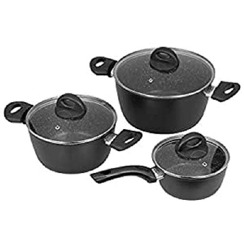 Jata BC3 Kochgeschirr-Set, 6-teilig, aus geschmiedetem Aluminium, Antihaftbeschichtung aus Stonit, frei von PFOA, geeignet für alle Herdarten, einschließlich Induktion, Schwarz
