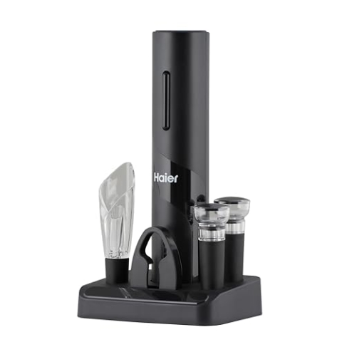 Haier - Elektrisches Weinset/Premium Weinöffner-Set inkl. Dekantieraufsatz und Tropfschutz in Tulpenform, Korkenzieher, Kapselschneider und 2 Vakuumverschlüssen/batteriebetrieben/schwarz