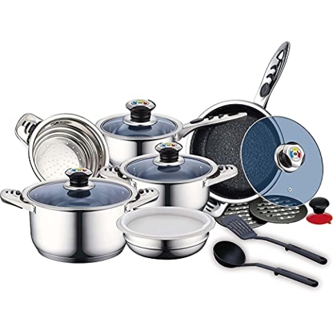 ROYALTY LINE, 16-teiliges Set, Kochgeschirr aus Edelstahl, Bratpfanne, Töpfe, mit Glasdeckeln + Zubehör inklusive, für alle Herdarten, Silber