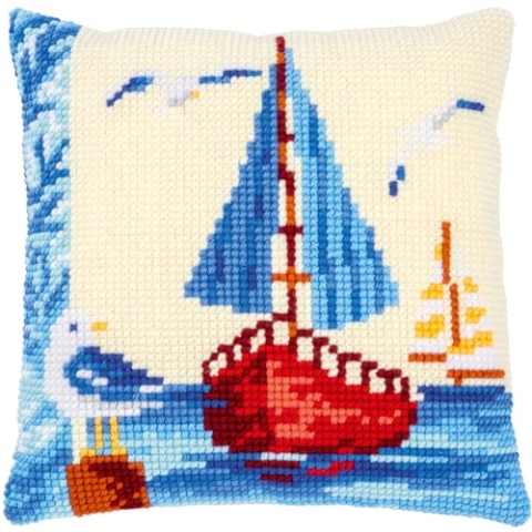Vervaco Kreuzstich Stickpackungen Kissen Stickerei Set Anfänger Vorgedruckt Segelboot DIY Set Kreativ Set Für Erwachsene Dekoratives Kissen ca. 40 x 40 cm Bastelset Handwerker Haus Dekoration