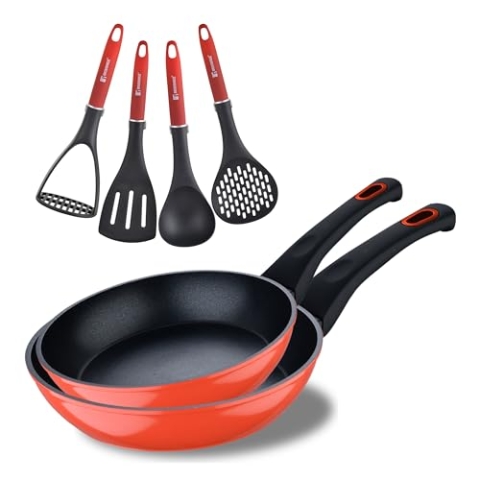 BERGNER Classique | 2er Set Bratpfannen 20 und 24 cm + Utensilienset | Aus geschmiedetem Aluminium | Antihaftbeschichtete Pfannen und widerstandsfähige Utensilien | Für alle Herdarten geeignet : Rot