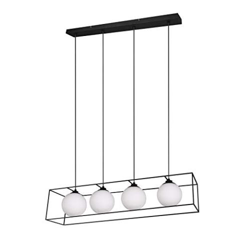 Reality Leuchten Pendelleuchte Gabbia R30404032, Metall Schwarz matt, Glas weiß, exkl. 4x E14