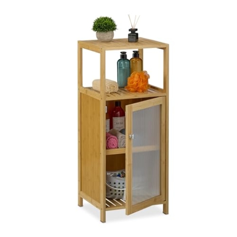 Relaxdays Badezimmerschrank, HBT: 87,5 x 36,5 x 35 cm, 3 Fächer, Ablage, Tür, Bambus, Badezimmer Beistellschrank, Natur
