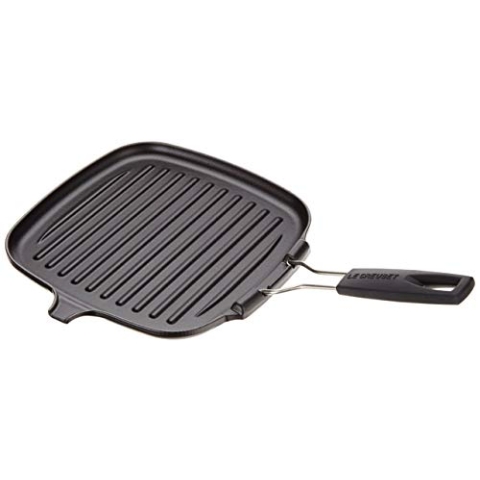Le Creuset Gusseisen-Grillpfanne, Quadratisch, 24 x 24 cm, Klappbarer Griff, Für alle Herdarten inkl. Induktion geeignet, Schwarz, 20054000000400