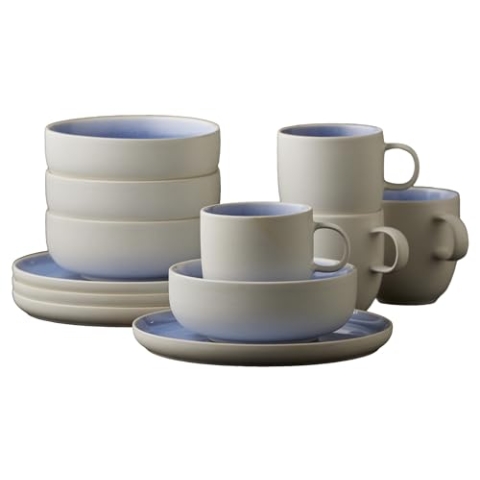 Studio Round North Steingut Geschirr Set für Brunch/Frühstück Servier Set, Geschirrset 4 Personen,12 Teile, 4 x Teller, Schüsseln und Kaffeetassen aus Steinzeug, Shiny River