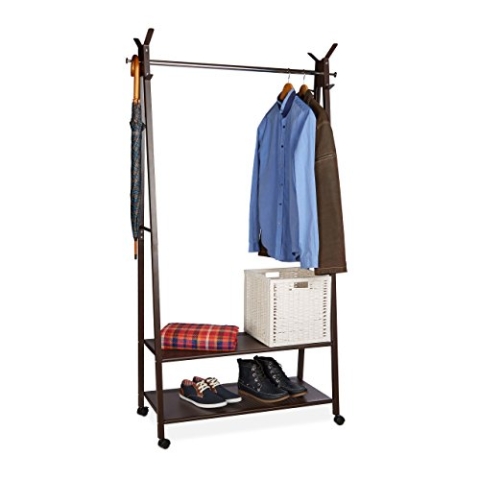 Relaxdays Kleiderständer Metall auf Rollen, 2 Schuhablagen, 16 Schuhe, Kleiderstange, HxBxT: 180 x 102 x 44 cm, braun