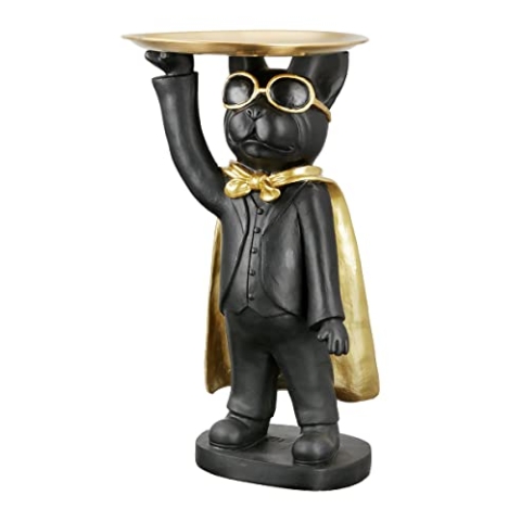 Casablanca Deko Figur Skulptur aus Kunstharz - Tierfigur Hund französiche Bulldogge mit Tablett schwarz Gold - Geschenk Tisch Dekoration Wohnzimmer Schlüsselablage Höhe 31 cm