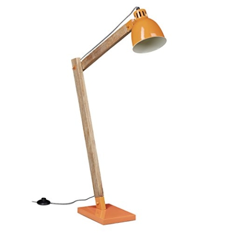 Relaxdays Stehlampe Skandinavisch, Vintage Design, max. 111 cm hoch, Holzlook, Deckenfluter, schlichtes Design, orange