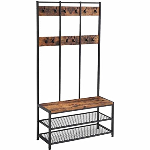 RED DECO Garderobe mit 12 Haken und Schuhbank, Industrie-Stil, Kleiderschrank, Regal für Büro, Schlafzimmer, Rahmen aus Stahl, rustikales Braun und Schwarz, Metall MDF, grau, one Size