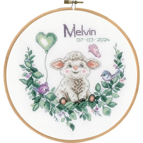 Vervaco Gezählter Kreuzstich Stickpackungen mit Stickrahmen Stickset Baby Geburt Schafe Wanddekoration Handarbeit Set für Erwachsene Kreatives Handwerk ca. 20 x 20 cm Geburt Geschenk Hausdeko