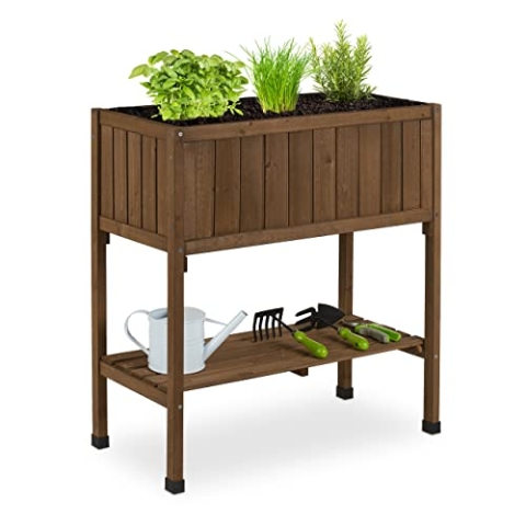 Relaxdays Hochbeet, Folie, Ablage, HxBxT: 80 x 74 x 38 cm, Garten, Balkon & Terrasse, Pflanztisch, Tannenholz, braun, Holz