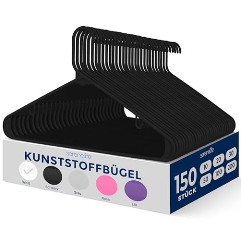 SereneLife Kleiderbügel Schwarz, 150 Stück für Kleideraufbewahrung & Organisation, Platzsparende Kleiderbügel Plastik, rutschfeste Bügel Hanger Ultradünn & Robust für Kleider, Jacken & Röcke