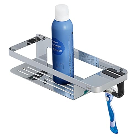 Tiger Caddy Duschkorb mit Haken, Duschablage aus Edelstahl mit integriertem Haken für Handtuch, Schwamm, Rasierer oder Duschabzieher, Farbe: Chrom,BxHxT: 32 x 7, 2 x 10, 6 cm