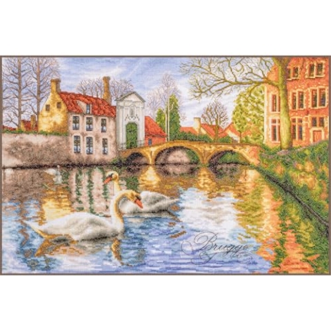 LANARTE Kreuzstich Stickpackungen Gezählter Kreuzstichbilder Set DIE SCHWÄNE VON BRÜGGE Wanddekoration Handarbeit Set für Erwachsene ca. 52 x 36 cm DIY Deko Bastelset Handwerker Kreative Geschenkset