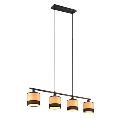 Reality Leuchten Pendelleuchte Bolzano R31664032, Metall Schwarz matt, Schirm Echtholzfurnier/Stoff, exkl. 4x E14