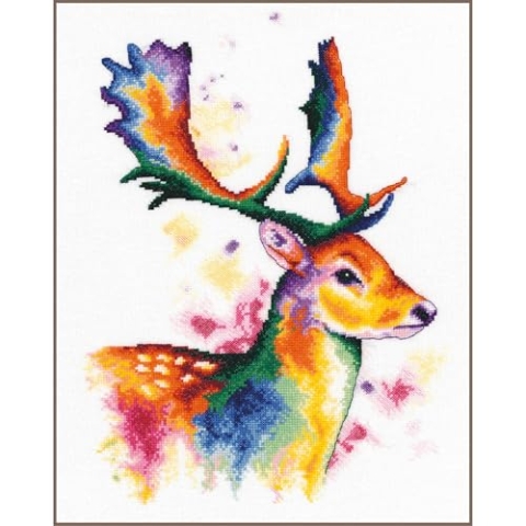 LANARTE Kreuzstich Stickpackungen Gezählter Kreuzstichbilder Set HIRSCH IN REGENBOGENFARBEN Wanddekoration Handarbeit Set für Erwachsene 29 x 40 cm DIY Deko Bastelset Handwerker Kreative Geschenkset
