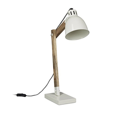 Relaxdays Schreibtischlampe Holz Skandinavisch, Vintage Holz-Design, HBT: 65 x 40 x 15 cm, Metallschirm, Leselampe, weiß