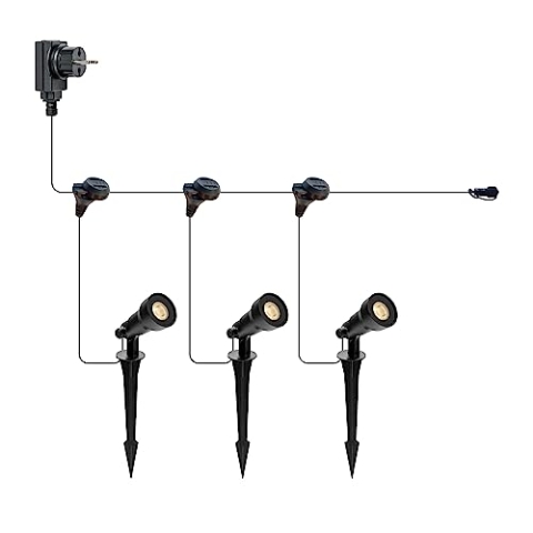Xelloo Gartenleuchte Set CAS SMALL, 12 Volt, 3 Stück Designarmaturen 1W LED warmweiß mit Erdspieß, wasserdicht (IP65) und mit praktischem Schiebeanschluss