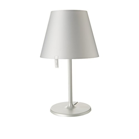 Artemide- Melampo Notte Silber. Hochwertige Nachttischlampe aus lackiertem Aluminium mit Schirm aus Seidensatin. Made in Italy, Silver, Ø 23 H 40 cm